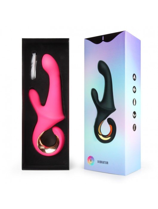 Розовый вибратор со стимулятором клитора и ручкой-кольцом - 22,6 см. - I-MOON