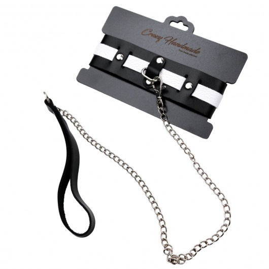 Черно-белый кожаный ошейник с поводком-цепочкой - Crazy Handmade - купить с доставкой в Долгопрудном