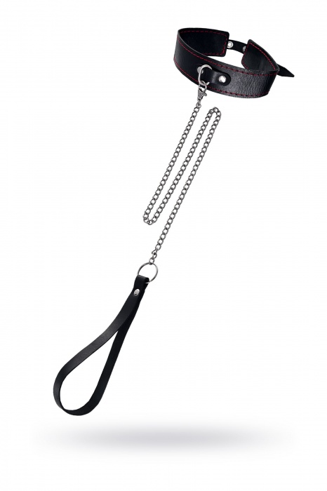 Кожаный двухслойный ошейник с красной строчкой и поводком - Pecado - купить с доставкой в Долгопрудном