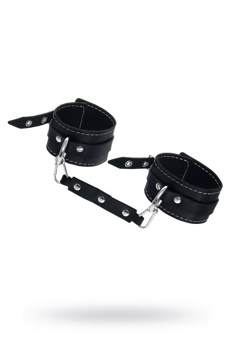 Черные двухслойные кожаные оковы с белой строчкой - Pecado - купить с доставкой в Долгопрудном