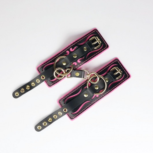 Черные кожаные наручники с розовой строчкой - Crazy Handmade - купить с доставкой в Долгопрудном