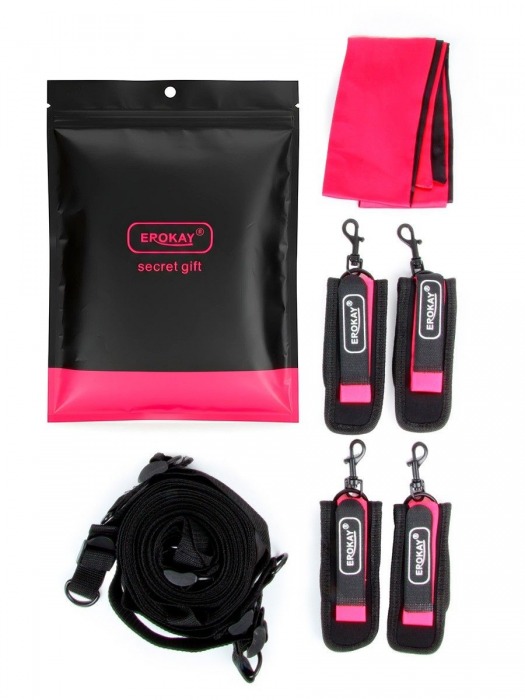 Черно-розовый эротический набор: фиксатор, оковы, наручники, повязка - Erokay - купить с доставкой в Долгопрудном