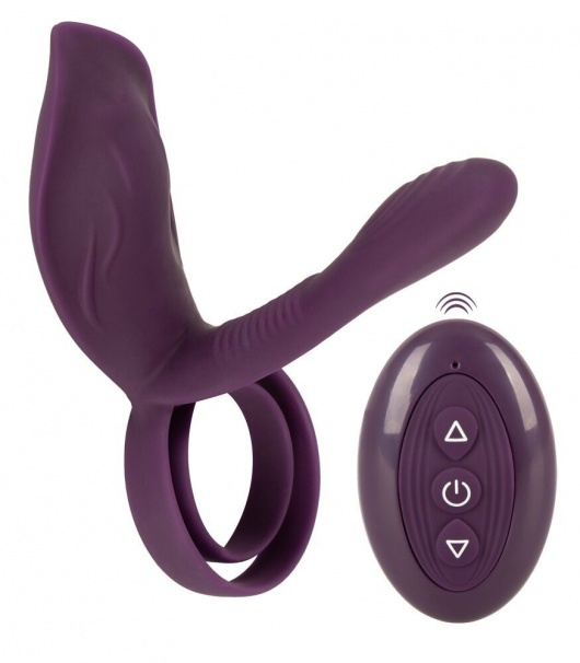 Фиолетовая насадка на член с клиторальным отростком и пультом ДУ RC Couple’s Vibrator 2 - Orion - в Долгопрудном купить с доставкой