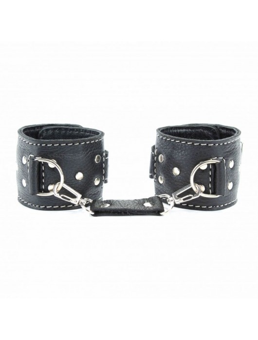 Чёрные кожаные наручники с крупной строчкой - БДСМ Арсенал - купить с доставкой в Долгопрудном