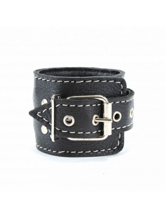 Чёрные кожаные наручники с крупной строчкой - БДСМ Арсенал - купить с доставкой в Долгопрудном