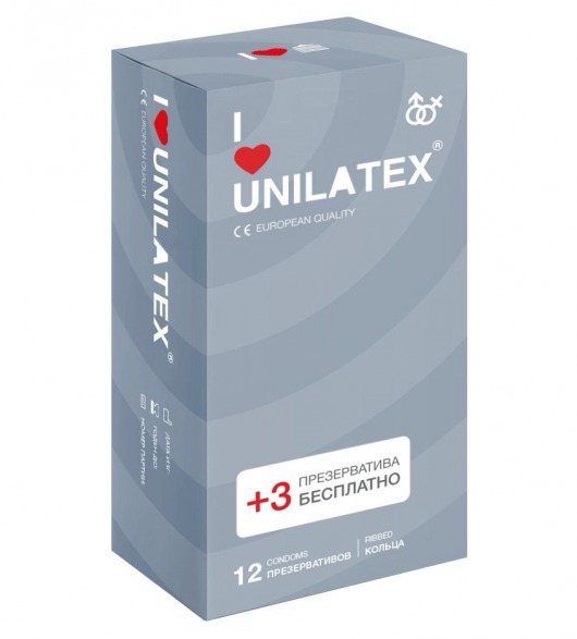 Презервативы с рёбрами Unilatex Ribbed - 12 шт. + 3 шт. в подарок - Unilatex - купить с доставкой в Долгопрудном