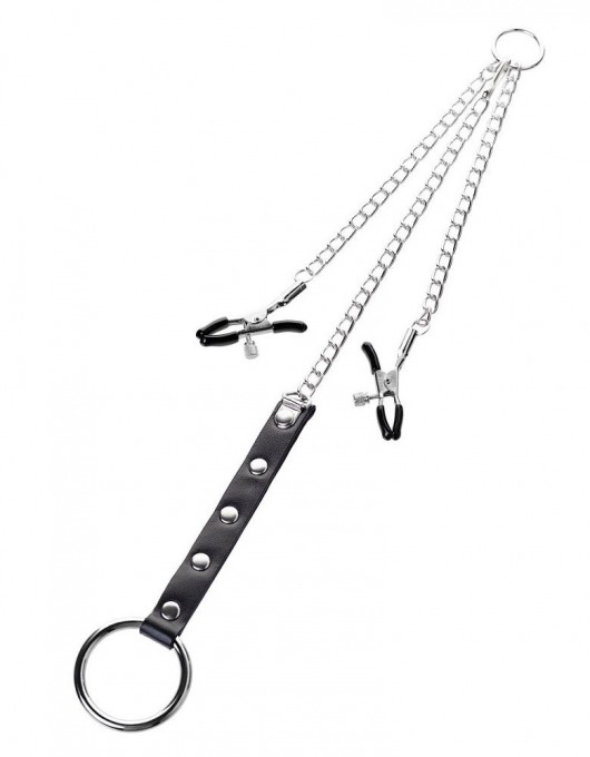 Серебристо-чёрные зажимы для сосков с кольцом для пениса TOYFA Metal - ToyFa - купить с доставкой в Долгопрудном